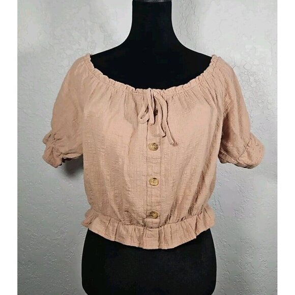 Cotton-On Tan Short Sleeve Crop Button Down Top - Women's Jrs Size Large - Picture 1 of 4